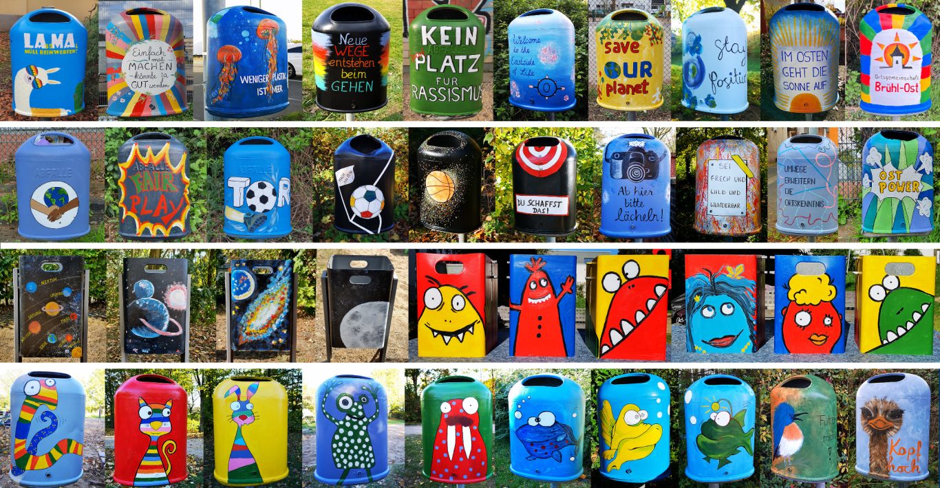 So schön können Mülleimer in Brühl-Ost sein. Kreativ und bunt ist unser Veedel